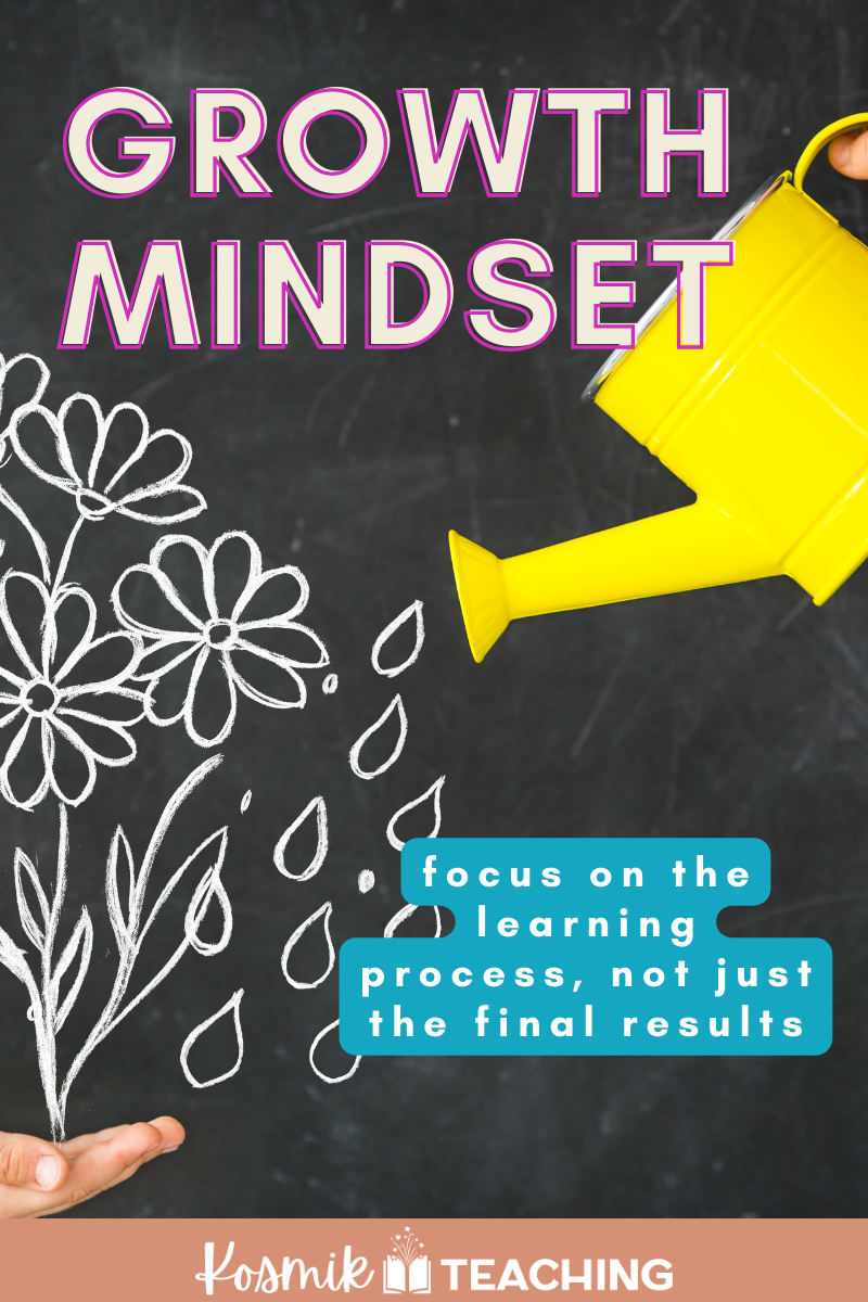 image of watering can and plants. Text: growth mindset - focus on the learning process, not just the final results